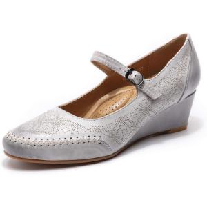 imageMona flying Womens Leather Closed Toe Mary Jane Wedge Pumps Round Toe Mid Heel Dress Shoes for Women LadiesLight Grey