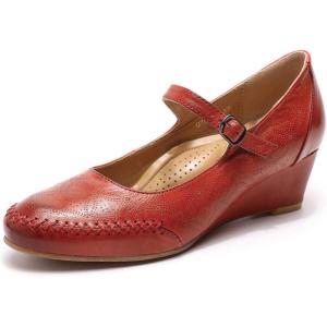 imageMona flying Womens Leather Closed Toe Mary Jane Wedge Pumps Round Toe Mid Heel Dress Shoes for Women LadiesRed