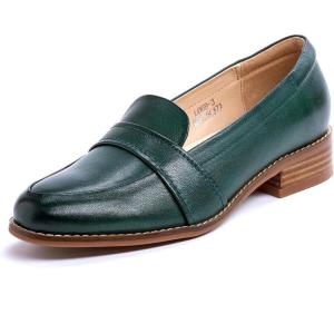 imageMona flying Womens Leather Dress Penny Loafers Slip On Flats Office Ladies Casual ShoesBlackish Green