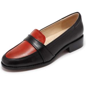 imageMona flying Womens Leather Dress Penny Loafers Slip On Flats Office Ladies Casual ShoesBlackred