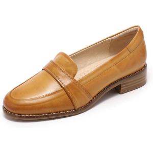 imageMona flying Womens Leather Dress Penny Loafers Slip On Flats Office Ladies Casual ShoesBrown