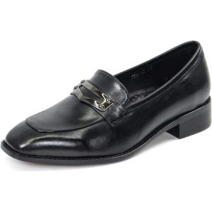 imageMona flying Womens Leather Square Toe Penny Loafer Dress Casual Slip on Flat Office Work Shoes for LadiesBlack