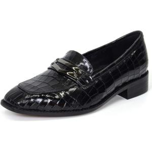 imageMona flying Womens Leather Square Toe Penny Loafer Dress Casual Slip on Flat Office Work Shoes for LadiesBlackening