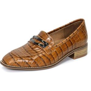 imageMona flying Womens Leather Square Toe Penny Loafer Dress Casual Slip on Flat Office Work Shoes for LadiesNut Brown