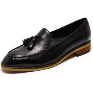 imageMona flying Womens Leather Tassel Loafer Dress Casual Slip on Flat Work Shoes for LadiesBlack