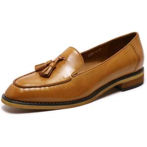 imageMona flying Womens Leather Tassel Loafer Dress Casual Slip on Flat Work Shoes for LadiesBrown