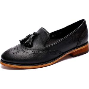 imageMona flying Womens Leather Tassel Loafer Slip on Wingtip Brogue Dress Casual Flat Office Work Shoes for LadiesBlack