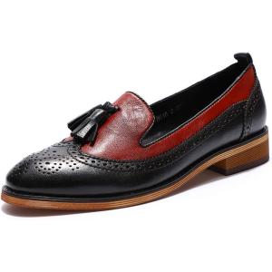 imageMona flying Womens Leather Tassel Loafer Slip on Wingtip Brogue Dress Casual Flat Office Work Shoes for LadiesBlackred