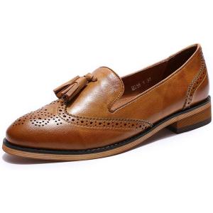 imageMona flying Womens Leather Tassel Loafer Slip on Wingtip Brogue Dress Casual Flat Office Work Shoes for LadiesBrown