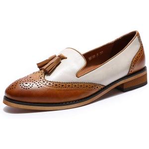 imageMona flying Womens Leather Tassel Loafer Slip on Wingtip Brogue Dress Casual Flat Office Work Shoes for LadiesBrownoffwhite