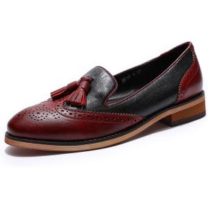 imageMona flying Womens Leather Tassel Loafer Slip on Wingtip Brogue Dress Casual Flat Office Work Shoes for LadiesDark Redblack
