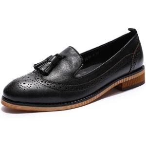 imageMona flying Womens Leather Tassel Loafer Slip on Wingtip Brogue Dress Casual Flat Office Work Shoes for LadiesPure Black