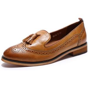imageMona flying Womens Leather Tassel Loafer Slip on Wingtip Brogue Dress Casual Flat Office Work Shoes for LadiesTan