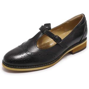imageMona flying Womens Leather Wingtip Oxford Mary Jane Loafer Casual Flat T Strap Shoes for LadiesBlack