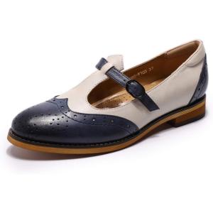 imageMona flying Womens Leather Wingtip Oxford Mary Jane Loafer Casual Flat T Strap Shoes for LadiesBlueoff White