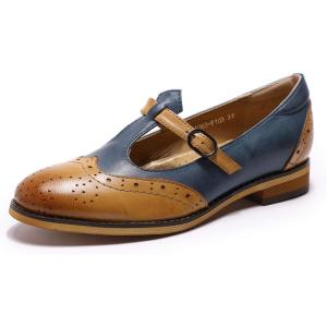 imageMona flying Womens Leather Wingtip Oxford Mary Jane Loafer Casual Flat T Strap Shoes for LadiesBrownblue