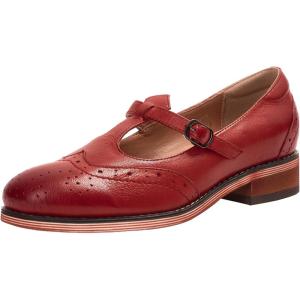 imageMona flying Womens Leather Wingtip Oxford Mary Jane Loafer Casual Flat T Strap Shoes for LadiesDate Red