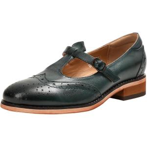 imageMona flying Womens Leather Wingtip Oxford Mary Jane Loafer Casual Flat T Strap Shoes for LadiesGreenish