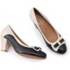 imageMona flying Leather Mid Chunky Pumps Elegant Women Slip On Classic Comfortable Elegant Handmade Work ShoesBlack Offwhite