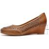 imageMona flying Womens Leather Closed Toe 2 Inch Mid Wedges Heels with Arch Support Round Toe Comfortable Dress Pumps for Women LadiesBrown