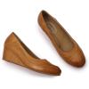 imageMona flying Womens Leather Closed Toe 2 Inch Mid Wedges Heels with Arch Support Round Toe Comfortable Dress Pumps for Women LadiesBrowny
