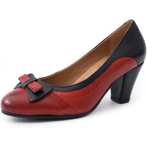 imageMona flying Leather Mid Chunky Pumps Elegant Women Slip On Classic Comfortable Elegant Handmade Work ShoesDate RedBlack
