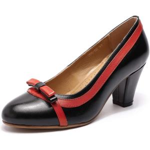 imageMona flying Leather Mid Chunky Pumps Elegant Women Slip On Classic Comfortable Elegant Handmade Work ShoesRed Black