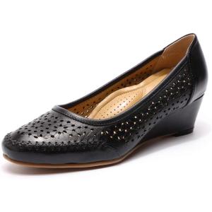 imageMona flying Womens Leather Closed Toe 2 Inch Mid Wedges Heels with Arch Support Round Toe Comfortable Dress Pumps for Women LadiesBlack