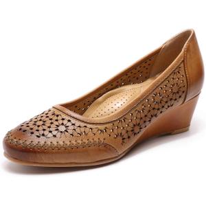 imageMona flying Womens Leather Closed Toe 2 Inch Mid Wedges Heels with Arch Support Round Toe Comfortable Dress Pumps for Women LadiesBrown