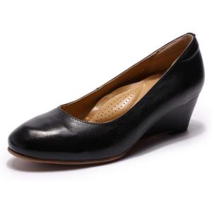imageMona flying Womens Leather Closed Toe 2 Inch Mid Wedges Heels with Arch Support Round Toe Comfortable Dress Pumps for Women LadiesEbony