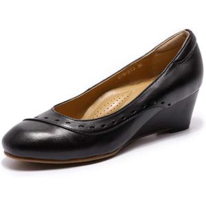 imageMona flying Womens Leather Closed Toe 2 Inch Mid Wedges Heels with Arch Support Round Toe Comfortable Dress Pumps for Women LadiesJet Black