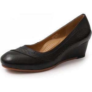 imageMona flying Womens Leather Closed Toe 2 Inch Mid Wedges Heels with Arch Support Round Toe Comfortable Dress Pumps for Women LadiesPitch Black