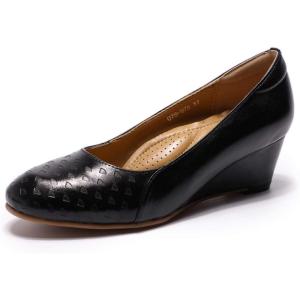 imageMona flying Womens Leather Closed Toe 2 Inch Mid Wedges Heels with Arch Support Round Toe Comfortable Dress Pumps for Women LadiesRaven