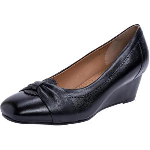 imageMona flying Womens Leather Closed Toe 2 inches Wedges Pumps Square Toe Comfortable Heeled Office Work Dress Shoes for LadiesPure Black