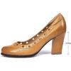 imageMona flying Womens Leather Closed Round Toe 3 inch Chunky High Heel Pumps Office Work Dress Shoes for LadiesTan