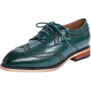 imageMona flying Casual Wing Tip Oxfords Brogue for Women Ladies Handmade Lace up Leather Derby ShoesBlackGreen