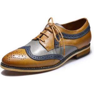 imageMona flying Casual Wing Tip Oxfords Brogue for Women Ladies Handmade Lace up Leather Derby ShoesBrowngrey