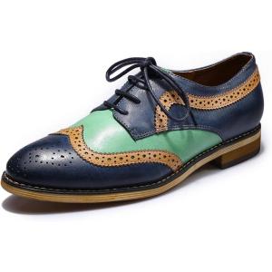 imageMona flying Casual Wing Tip Oxfords Brogue for Women Ladies Handmade Lace up Leather Derby ShoesDark Bluegreen