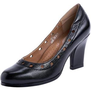 imageMona flying Womens Leather Closed Round Toe 3 inch Chunky High Heel Pumps Office Work Dress Shoes for LadiesBlackness
