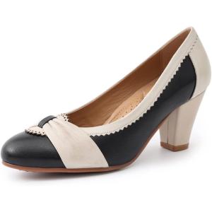 imageMona flying Womens Vintage Leather Pump Chunky Heel Round Toe Office Dress Shoes for LadiesBlack Offwhite