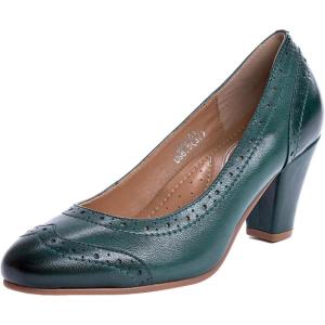 imageMona flying Womens Vintage Leather Pump Chunky Heel Round Toe Office Dress Shoes for LadiesBlackish Green