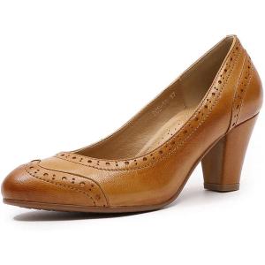 imageMona flying Womens Vintage Leather Pump Chunky Heel Round Toe Office Dress Shoes for LadiesBrown