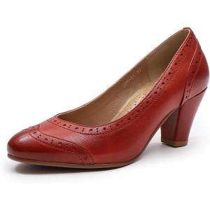 imageMona flying Womens Vintage Leather Pump Chunky Heel Round Toe Office Dress Shoes for LadiesRed