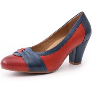 imageMona flying Womens Vintage Leather Pump Chunky Heel Round Toe Office Dress Shoes for LadiesRed Navy Blue