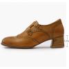 imageMona flying Womens Leather Chunky Heel Monk Strap Oxfords Wingtip Ladies Mid Heel Dress Loafers Pumps Shoes with BuckleBrown