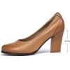 imageMona flying Womens Leather Closed Round Toe 3 inch Chunky High Heel Pumps Formal Court Shoes Office Work Dress Shoes for LadiesBright Brown
