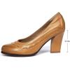 imageMona flying Womens Leather Closed Round Toe 3 inch Chunky High Heel Pumps Office Work Dress Shoes for LadiesBrown