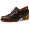 imageMona flying Womens Leather Chunky Heel Monk Strap Oxfords Wingtip Ladies Mid Heel Dress Loafers Pumps Shoes with BuckleYellow Black