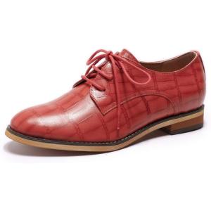 imageMona flying Womens Fashion Croc Embossed Oxfords Derby Laceup Leather Flat Shoes for LadiesDate Red