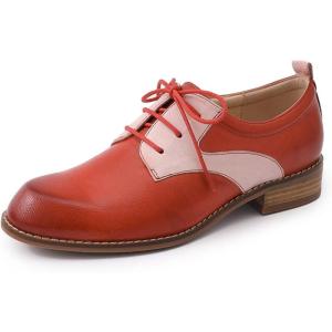 imageMona flying Womens Handmade Two Tone Dress Oxfords Saddle Derby Comfy Lace up Leather Shoes for LadiesRed Pink
